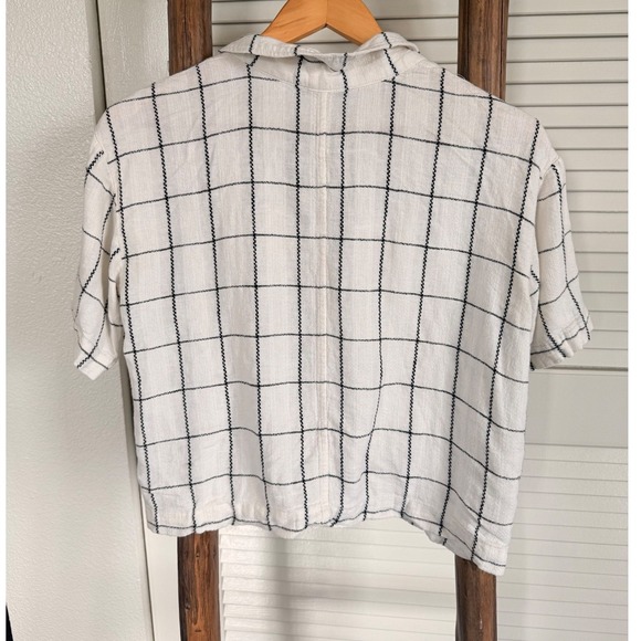 Madewell White Grid Checkered Print Button Down Short Sleeve Crop Top Size S - Picture 4 of 6